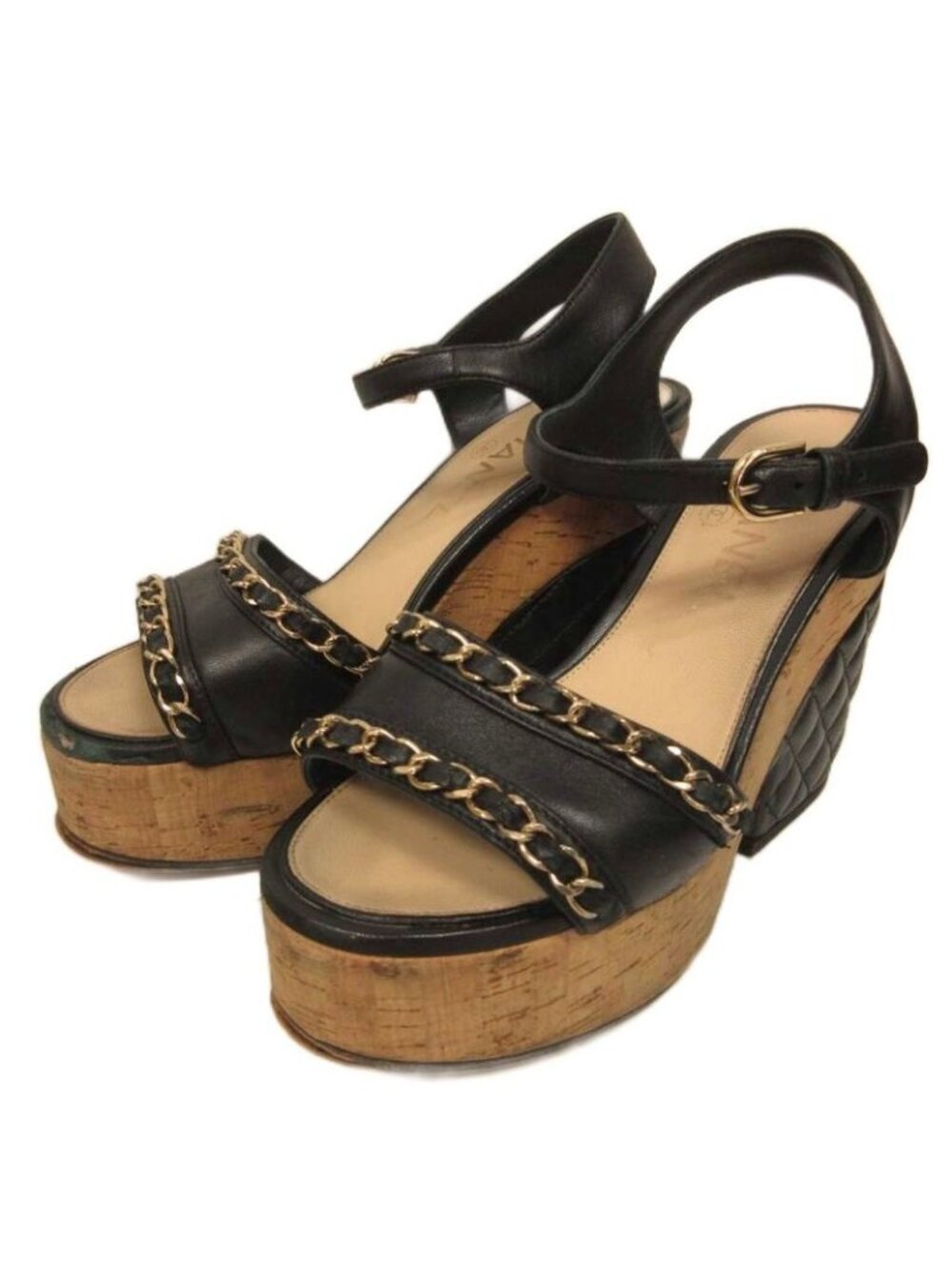 Chanel Quilted Platform Wedge Sole Sandals CC Logo 35c Black - Picture 1 of 9